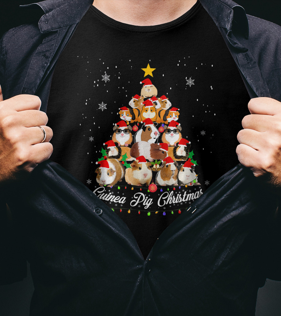 Guinea Pig Christmas Tree With Santa Hats And Snowflakes T-Shirt