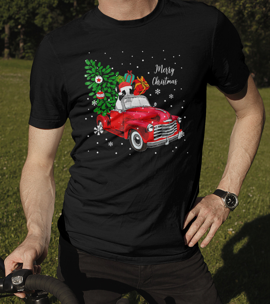 Merry Christmas Santa Boston Terrier Red Truck Snowflakes T-Shirt