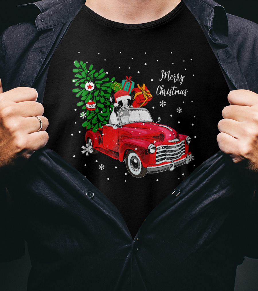 Merry Christmas Santa Boston Terrier Red Truck Snowflakes T-Shirt