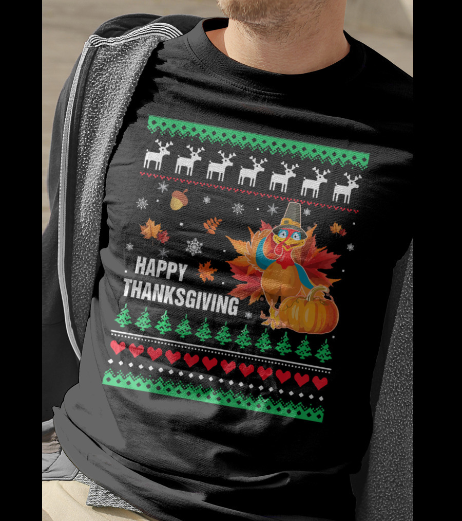 Happy Thanksgiving Turkey Pilgrim Hat Reindeer Snowflakes Pumpkins Leaves T-Shirt