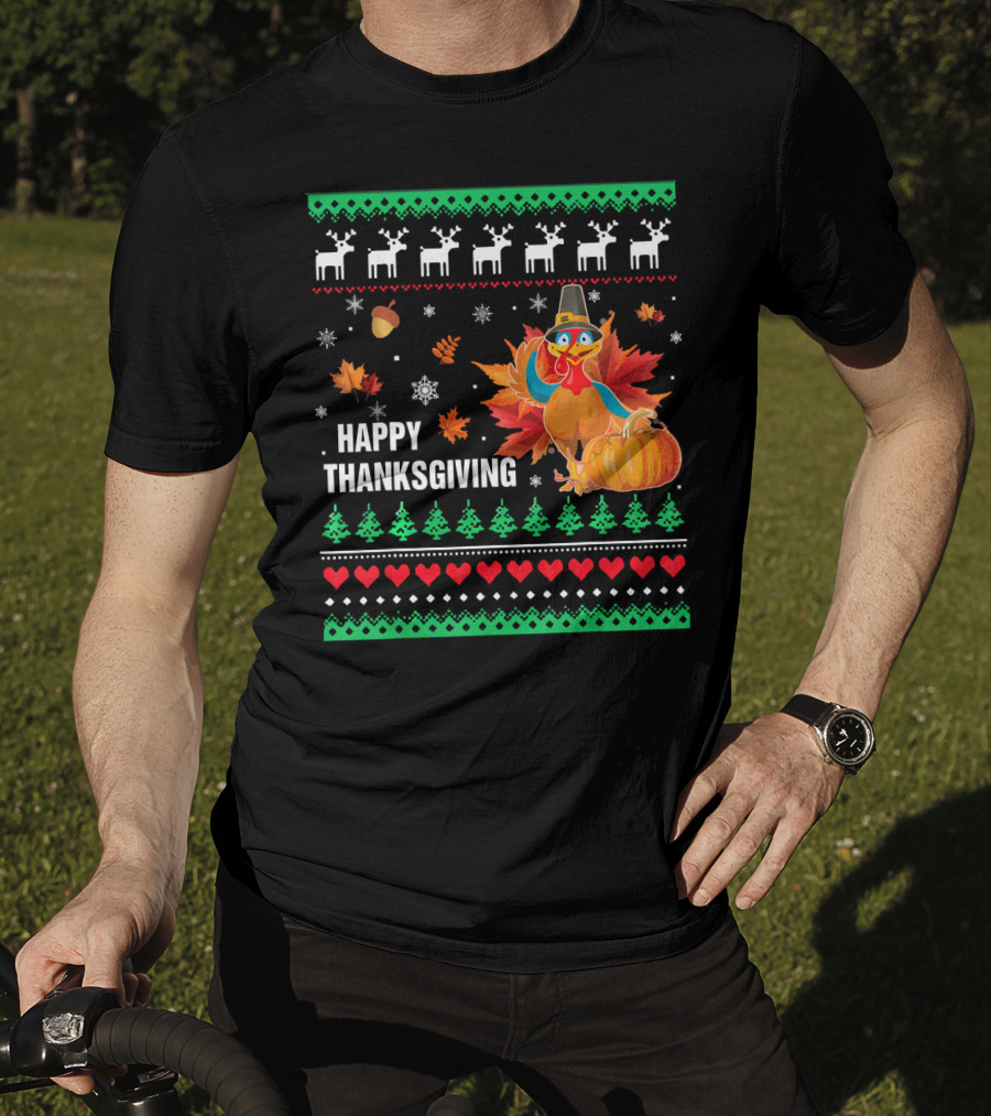 Happy Thanksgiving Turkey Pilgrim Hat Reindeer Snowflakes Pumpkins Leaves T-Shirt