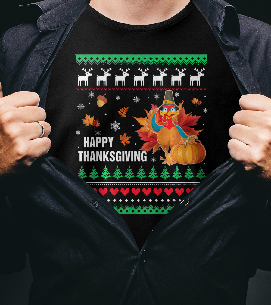 Happy Thanksgiving Turkey Pilgrim Hat Reindeer Snowflakes Pumpkins Leaves T-Shirt