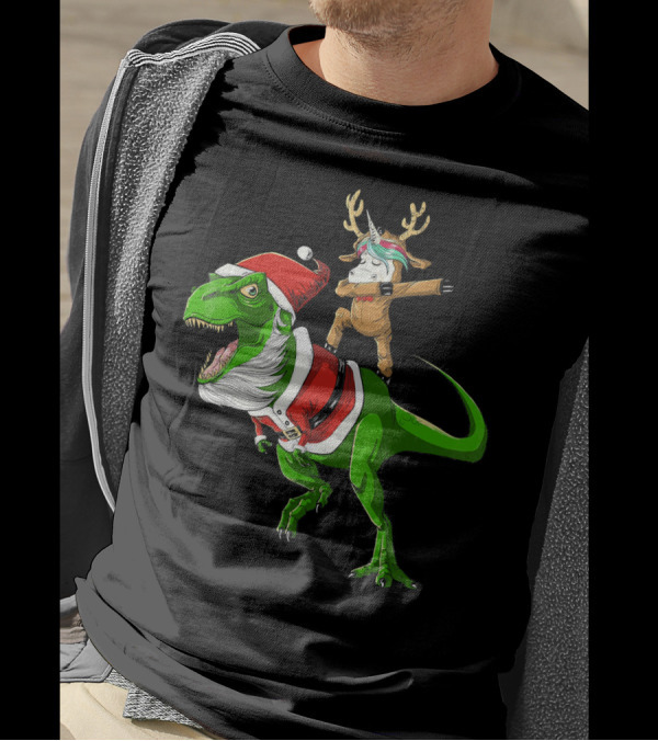 Unicorn Dabbing On Dinosaur Santa With Antlers T-Shirt