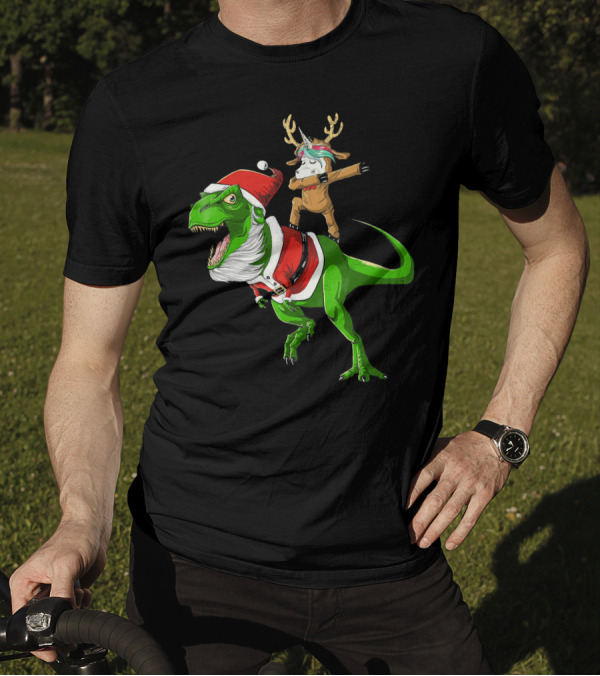 Unicorn Dabbing On Dinosaur Santa With Antlers T-Shirt