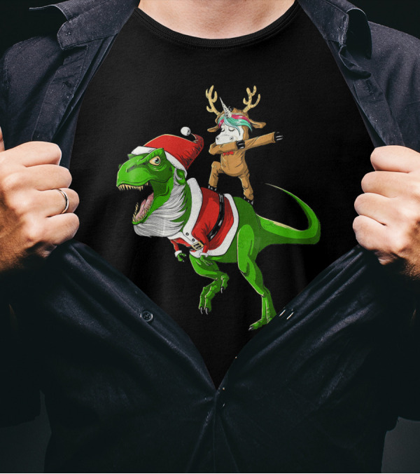Unicorn Dabbing On Dinosaur Santa With Antlers T-Shirt