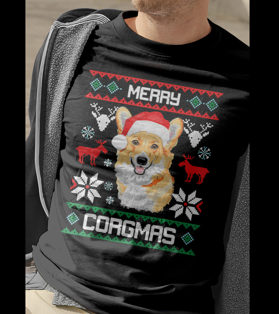 Merry Corgmas Corgi Dog Santa Hat Ugly Christmas T-Shirt