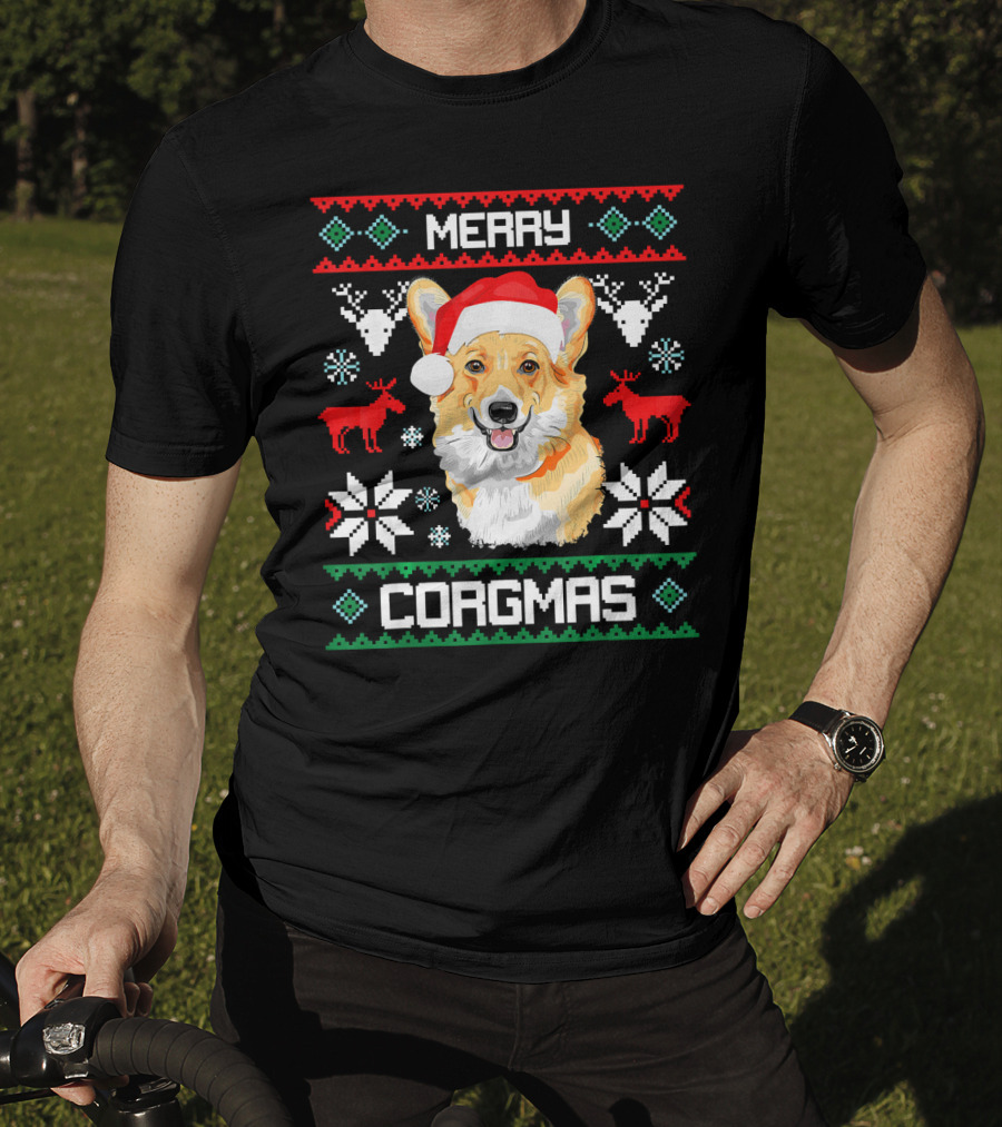 Merry Corgmas Corgi Dog Santa Hat Ugly Christmas T-Shirt