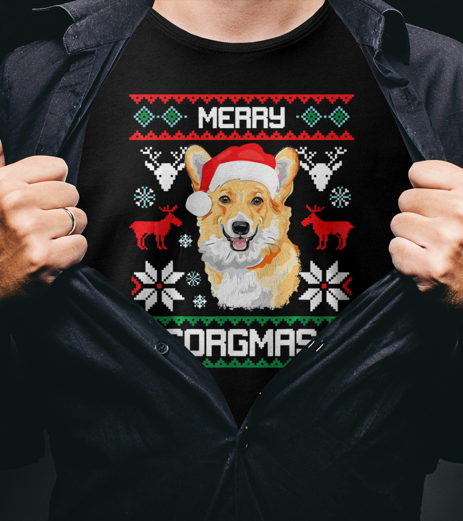 Merry Corgmas Corgi Dog Santa Hat Ugly Christmas T-Shirt