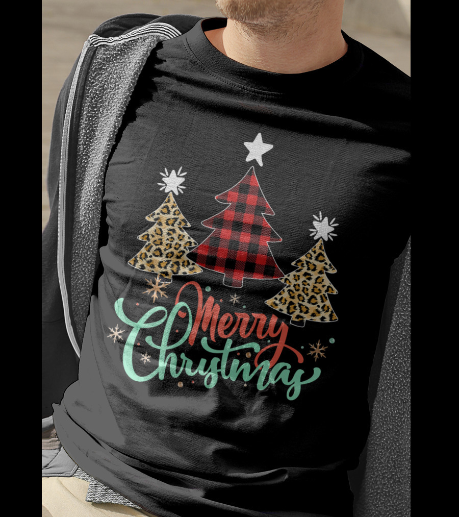 Merry Christmas Leopard Plaid Tree T-Shirt