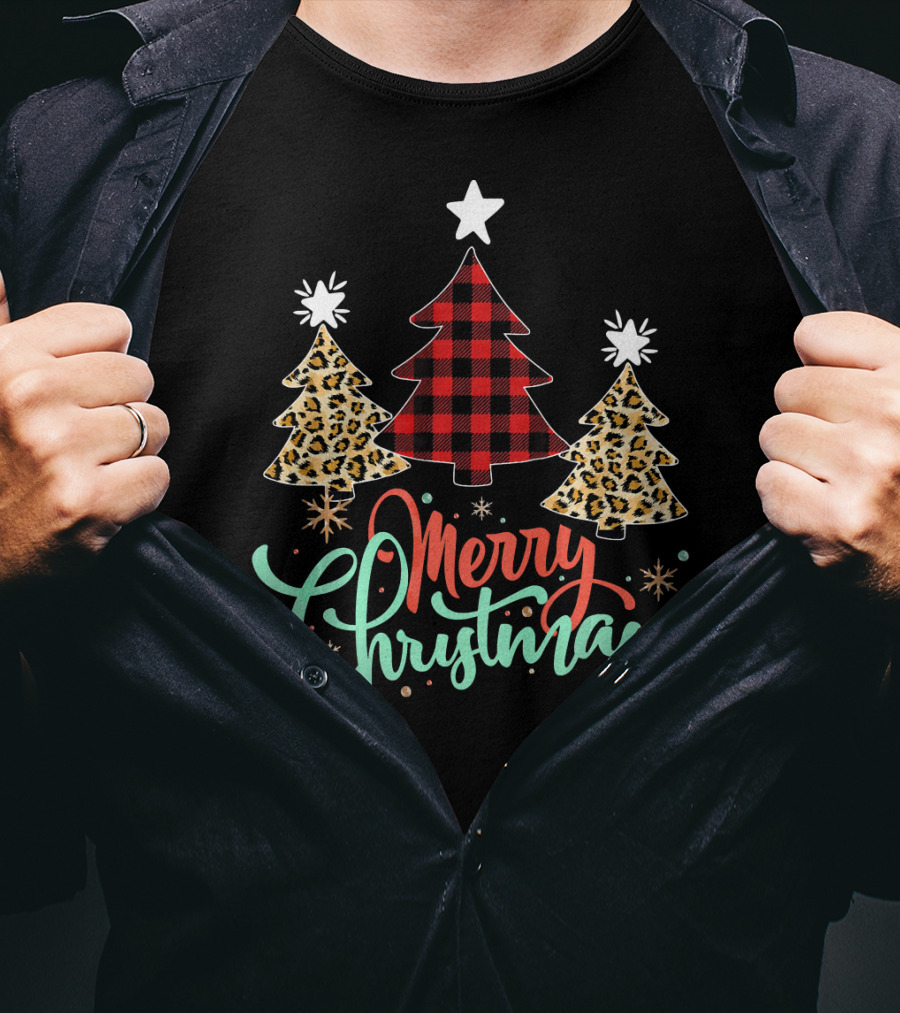 Merry Christmas Leopard Plaid Tree T-Shirt