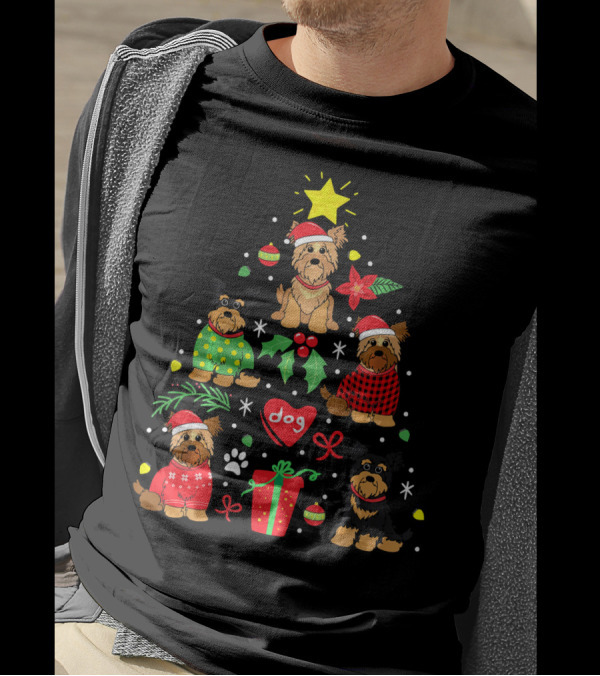 Yorkipoo Dog In Santa And Christmas Sweaters With Ornaments And Gifts T-Shirt