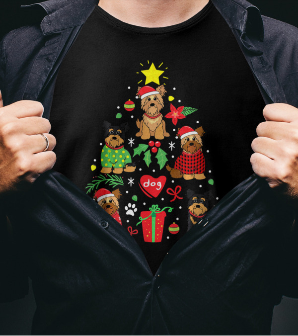 Yorkipoo Dog In Santa And Christmas Sweaters With Ornaments And Gifts T-Shirt