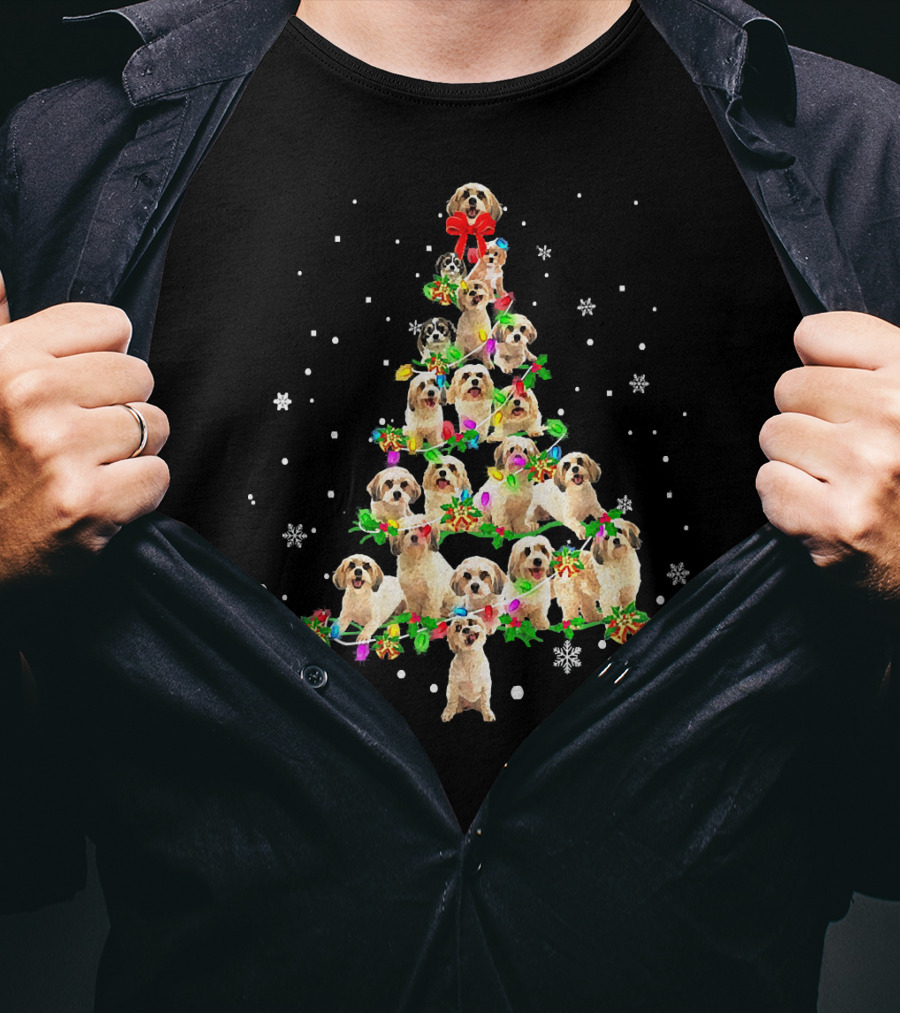 Cute Cavachon Dog Christmas Tree With Snowflakes And Bow T-Shirt
