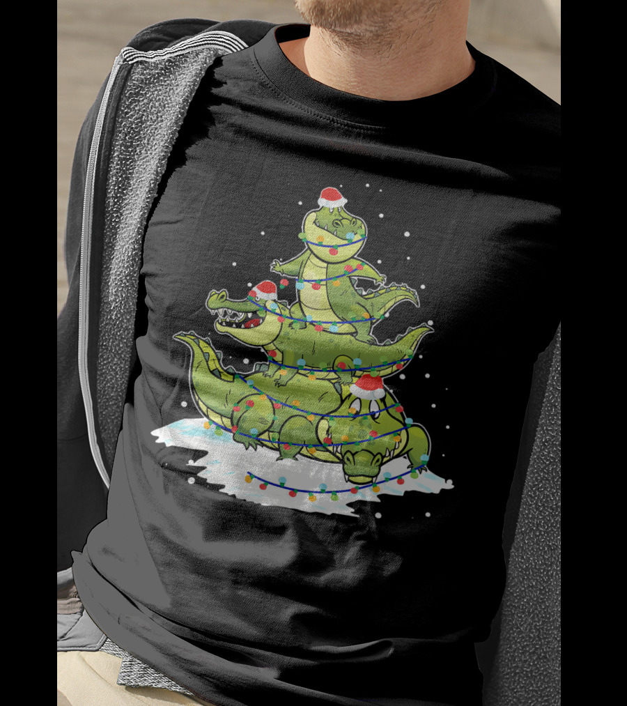 Alligator Santa Christmas Light Tree Festive Holiday Scene T-Shirt