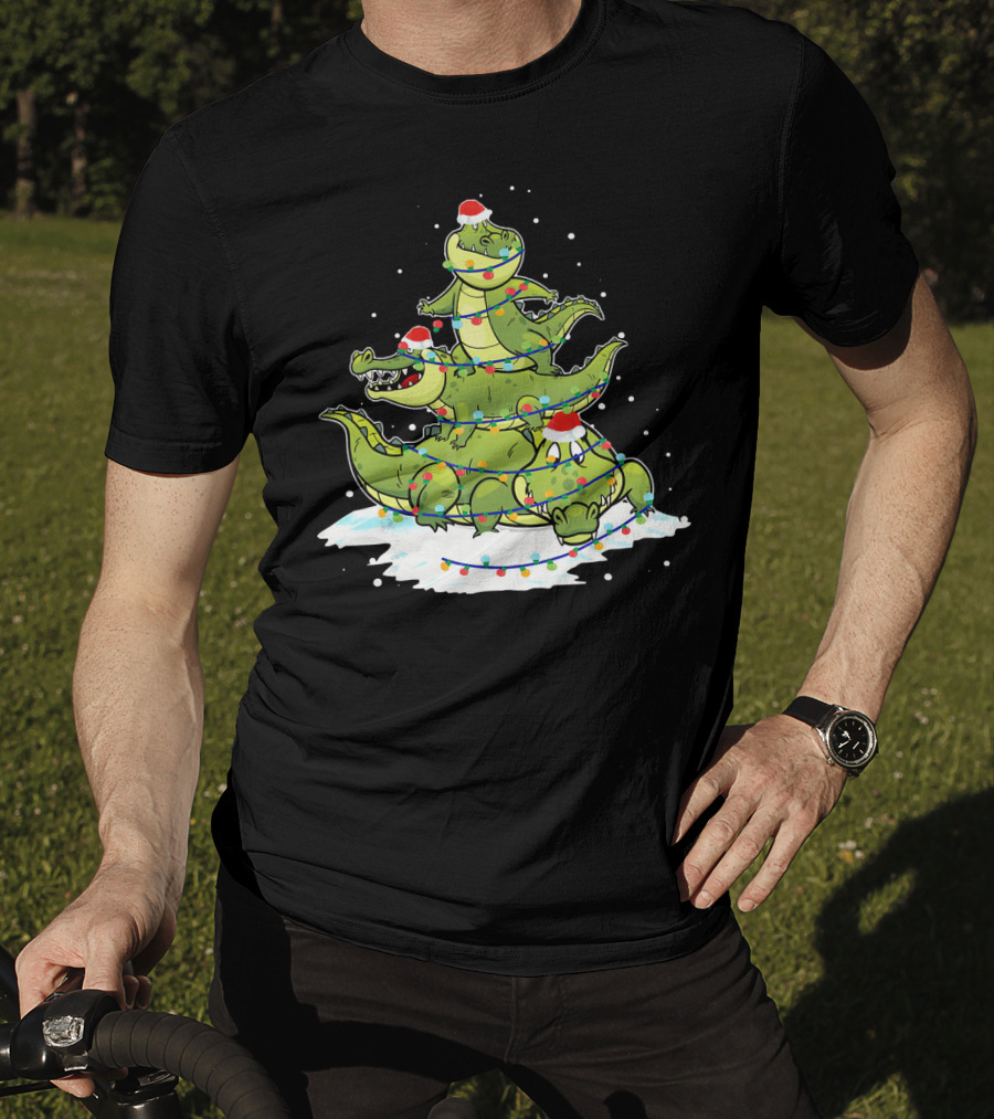 Alligator Santa Christmas Light Tree Festive Holiday Scene T-Shirt