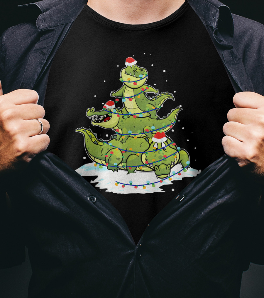Alligator Santa Christmas Light Tree Festive Holiday Scene T-Shirt