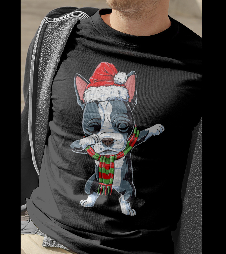 Dabbing Boston Terrier Santa Christmas Scarf Festive Dog T-Shirt