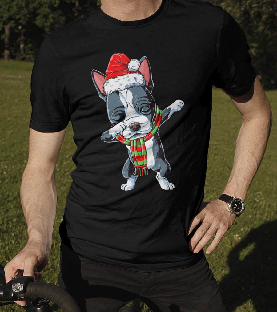 Dabbing Boston Terrier Santa Christmas Scarf Festive Dog T-Shirt
