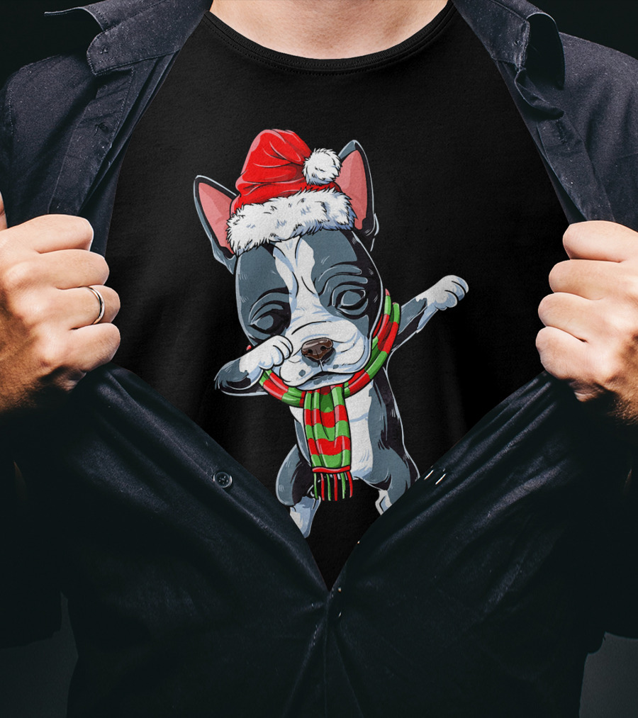 Dabbing Boston Terrier Santa Christmas Scarf Festive Dog T-Shirt