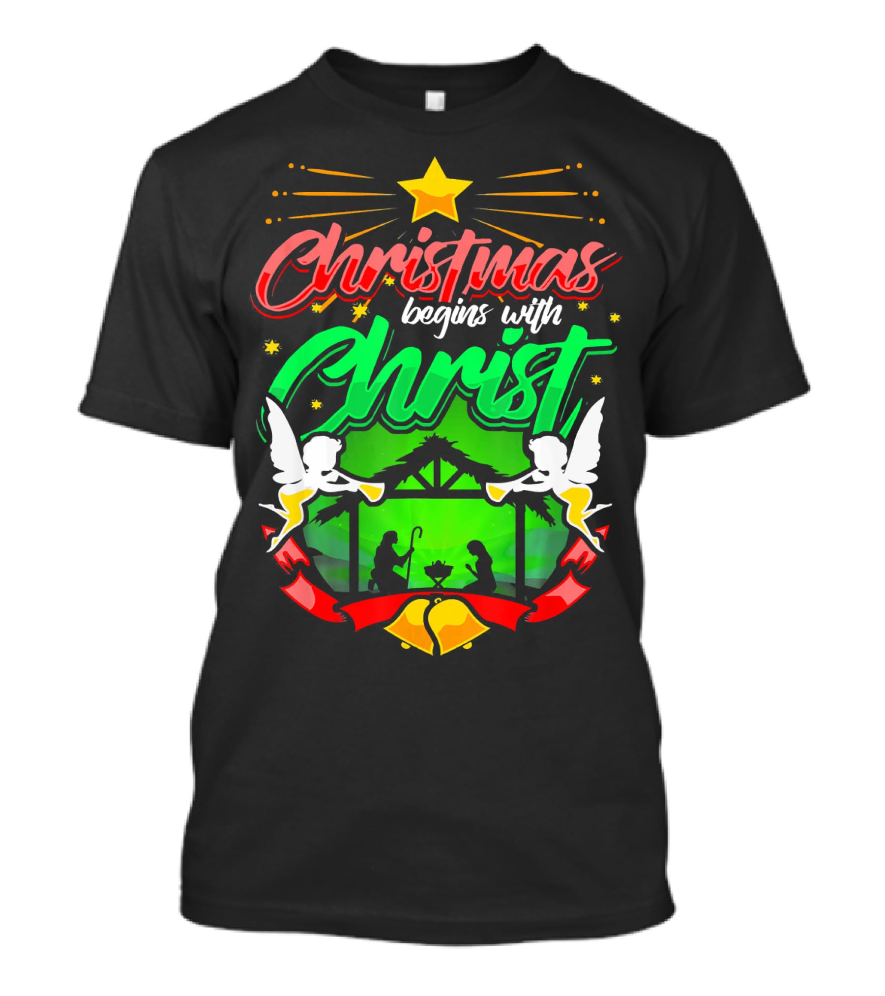 Christmas Begins With Christ Nativity Scene Angels Star T-Shirt