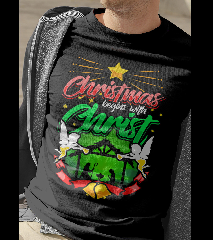 Christmas Begins With Christ Nativity Scene Angels Star T-Shirt