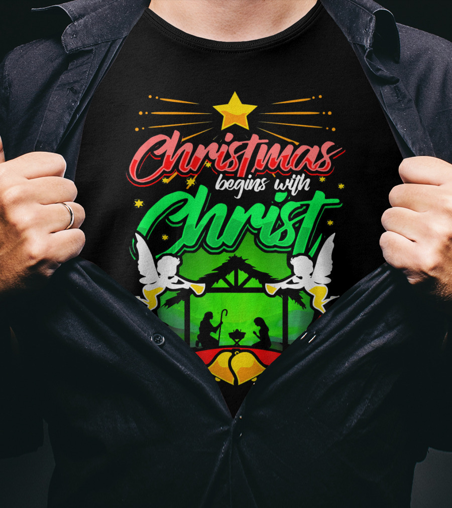 Christmas Begins With Christ Nativity Scene Angels Star T-Shirt