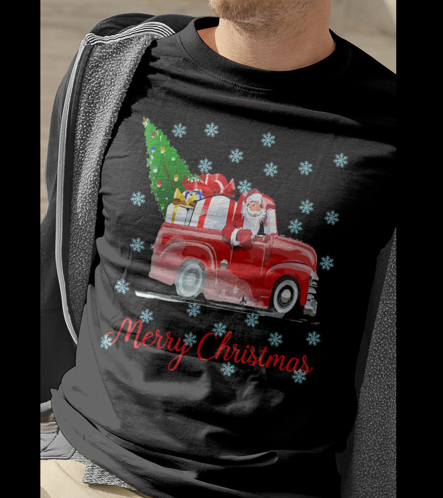 Merry Christmas Tree Santa Vintage Car With Presents And Snowflakes T-Shirt