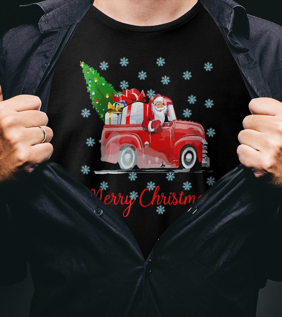 Merry Christmas Tree Santa Vintage Car With Presents And Snowflakes T-Shirt