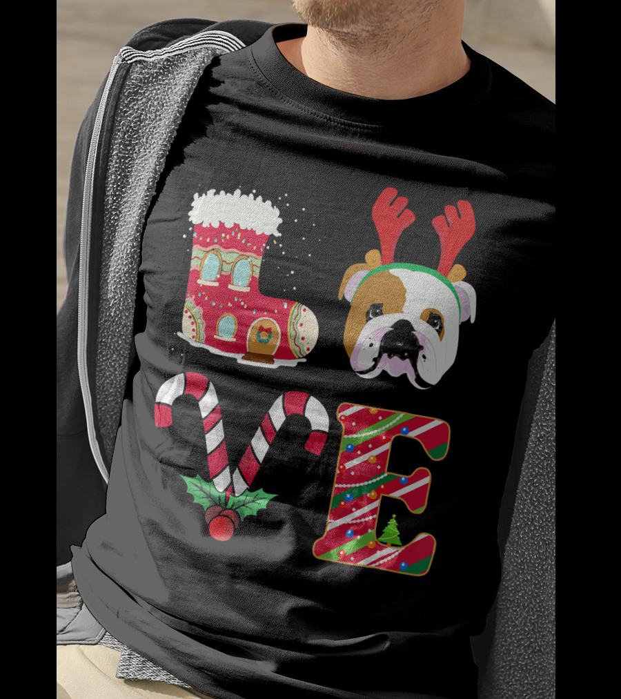 Love My English Bulldog Christmas Holiday Antlers Candy Cane T-Shirt