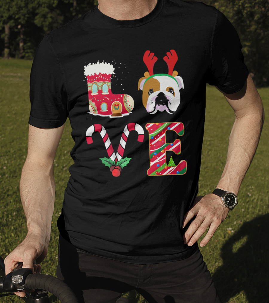 Love My English Bulldog Christmas Holiday Antlers Candy Cane T-Shirt