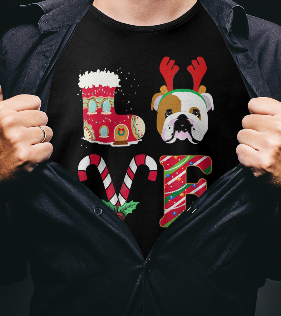 Love My English Bulldog Christmas Holiday Antlers Candy Cane T-Shirt