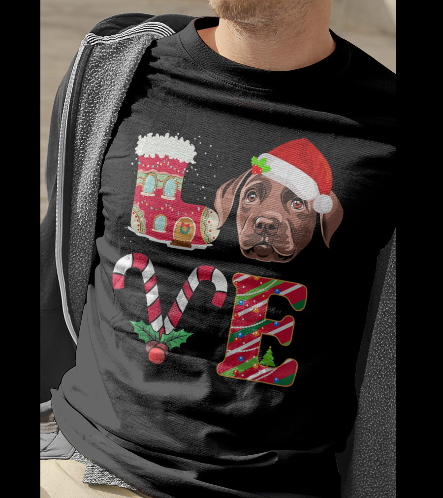 I Love My Chocolate Labrador Christmas Theme With Santa Hat And Candy Cane Decorations T-Shirt