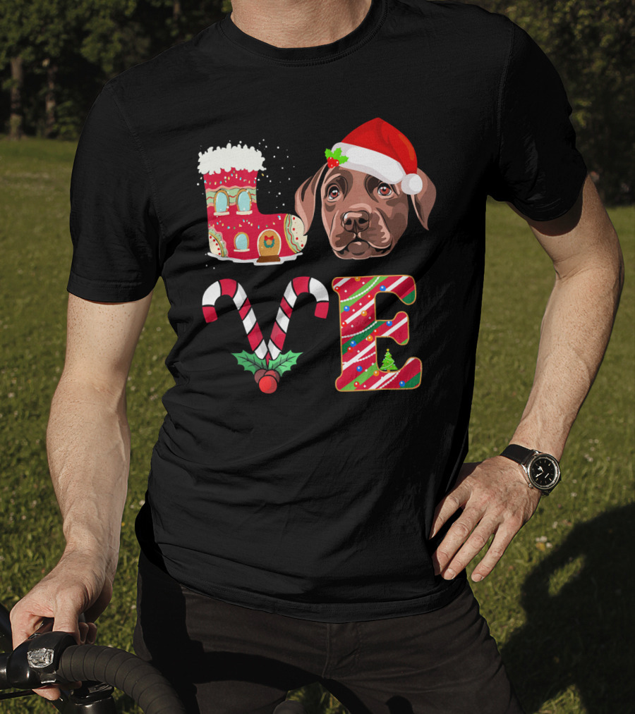 I Love My Chocolate Labrador Christmas Theme With Santa Hat And Candy Cane Decorations T-Shirt
