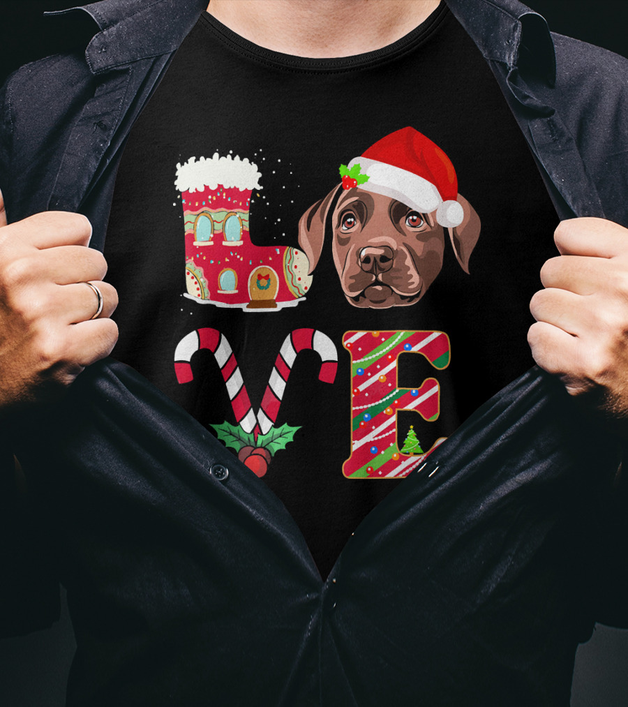 I Love My Chocolate Labrador Christmas Theme With Santa Hat And Candy Cane Decorations T-Shirt