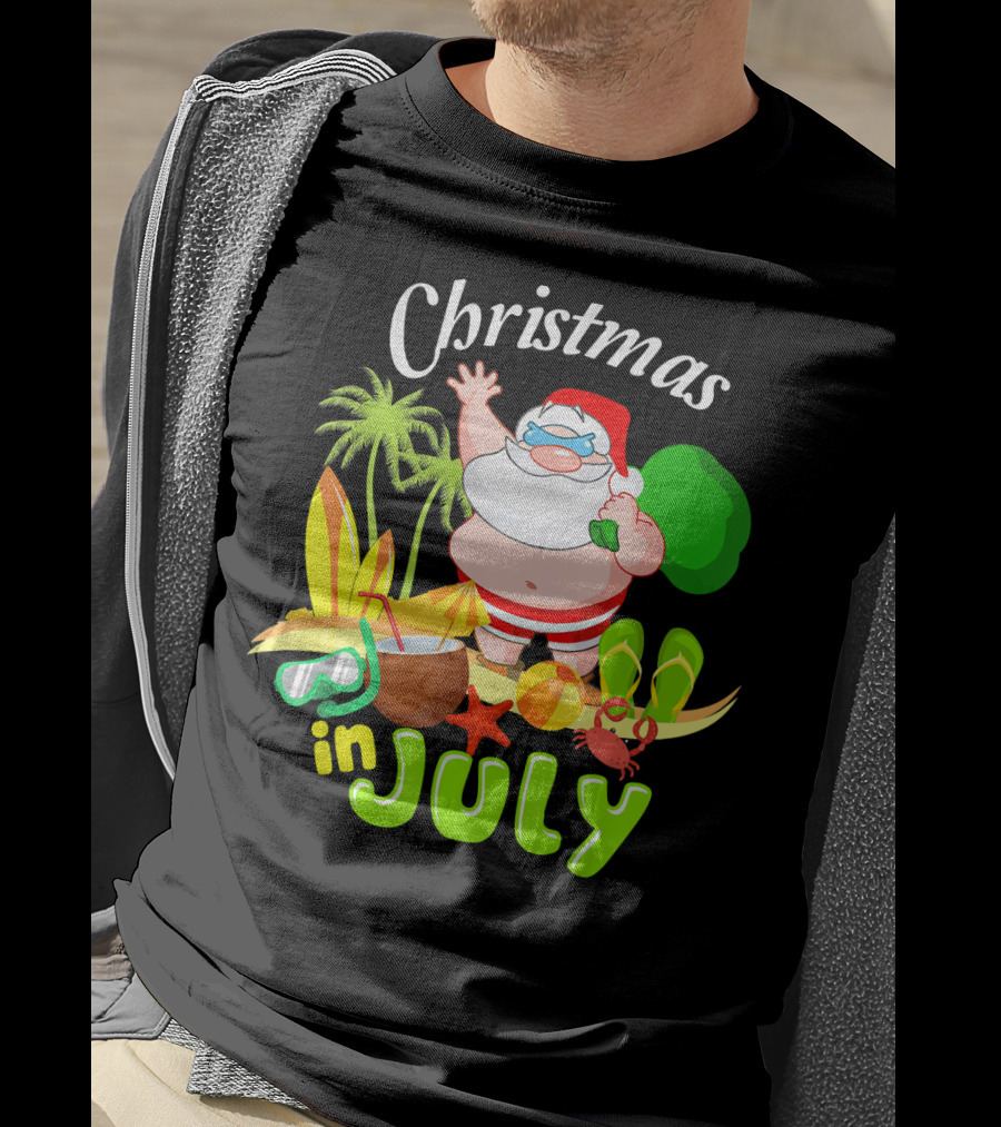 Christmas In July Santa With Surfboards, Palm Trees, Tropical Drinks, And Beach Accessories T-Shirt