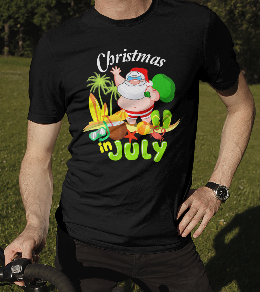Christmas In July Santa With Surfboards, Palm Trees, Tropical Drinks, And Beach Accessories T-Shirt