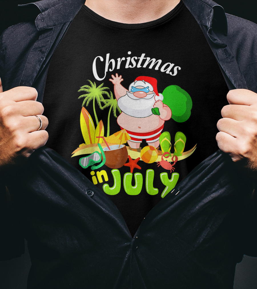 Christmas In July Santa With Surfboards, Palm Trees, Tropical Drinks, And Beach Accessories T-Shirt