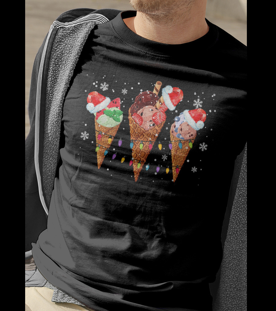 Ice Cream Cones Santa Hats Christmas Lights Snowflakes T-Shirt