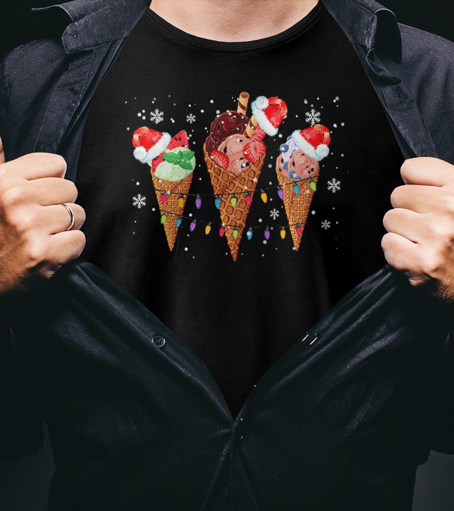 Ice Cream Cones Santa Hats Christmas Lights Snowflakes T-Shirt