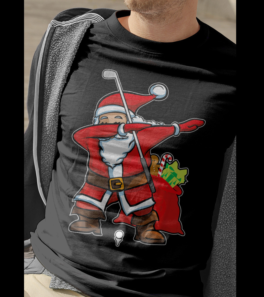 Christmas Dabbing Golf Santa With Gift Bag And Candy Cane T-Shirt