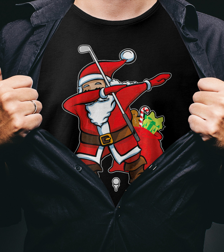 Christmas Dabbing Golf Santa With Gift Bag And Candy Cane T-Shirt