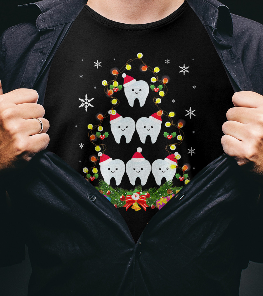 Dental Christmas Tree With Lighted Tooth Ornaments And Festive Gifts T-Shirt