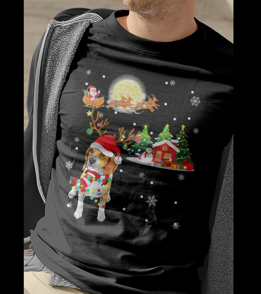 Beagle Christmas Santa Sleigh Trees Snowman Holiday Scene T-Shirt