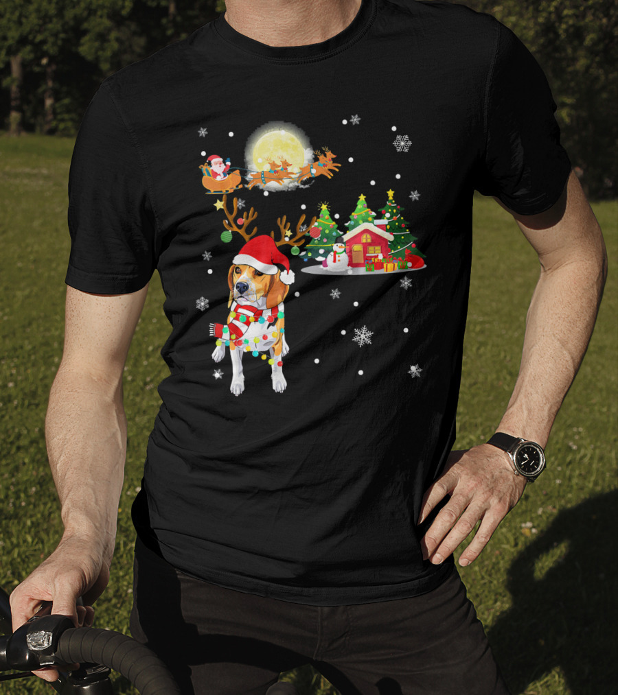 Beagle Christmas Santa Sleigh Trees Snowman Holiday Scene T-Shirt