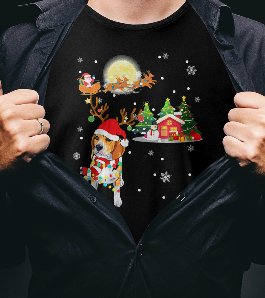 Beagle Christmas Santa Sleigh Trees Snowman Holiday Scene T-Shirt