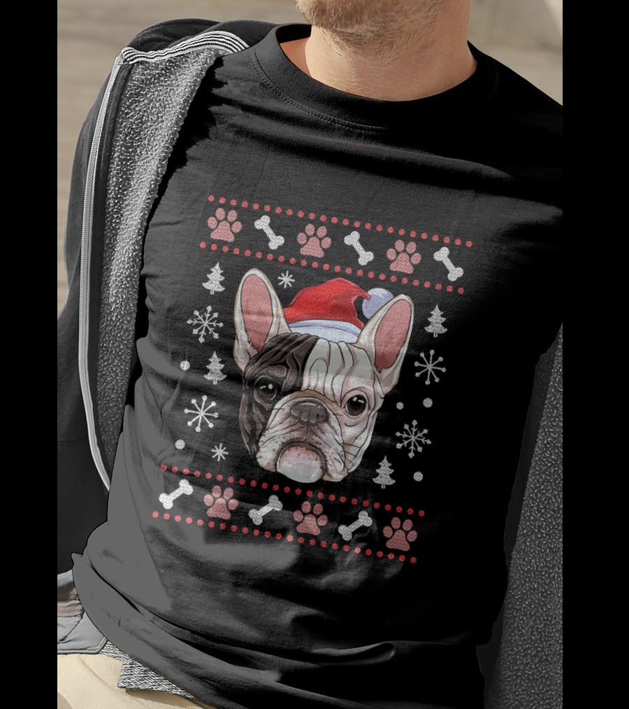 French Bulldog Christmas Santa Hat Snowflake Paw Bones T-Shirt