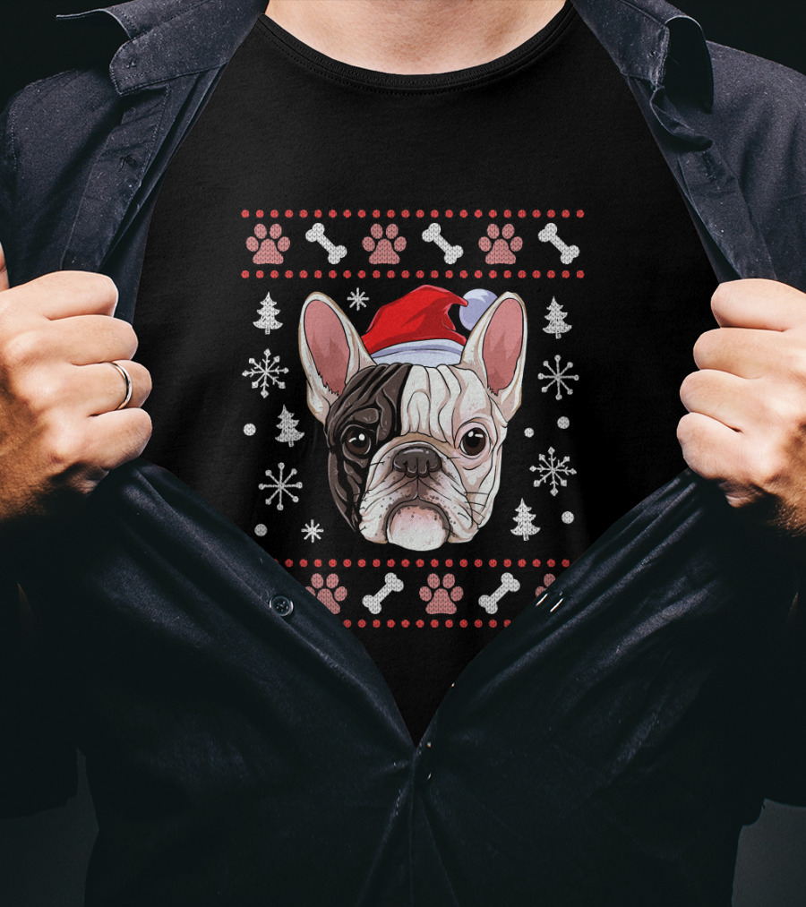 French Bulldog Christmas Santa Hat Snowflake Paw Bones T-Shirt