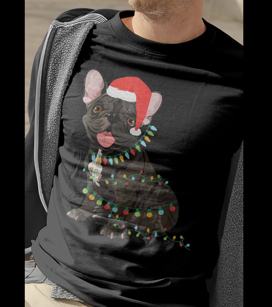 Santa French Bulldog Tangled In Christmas Lights T-Shirt