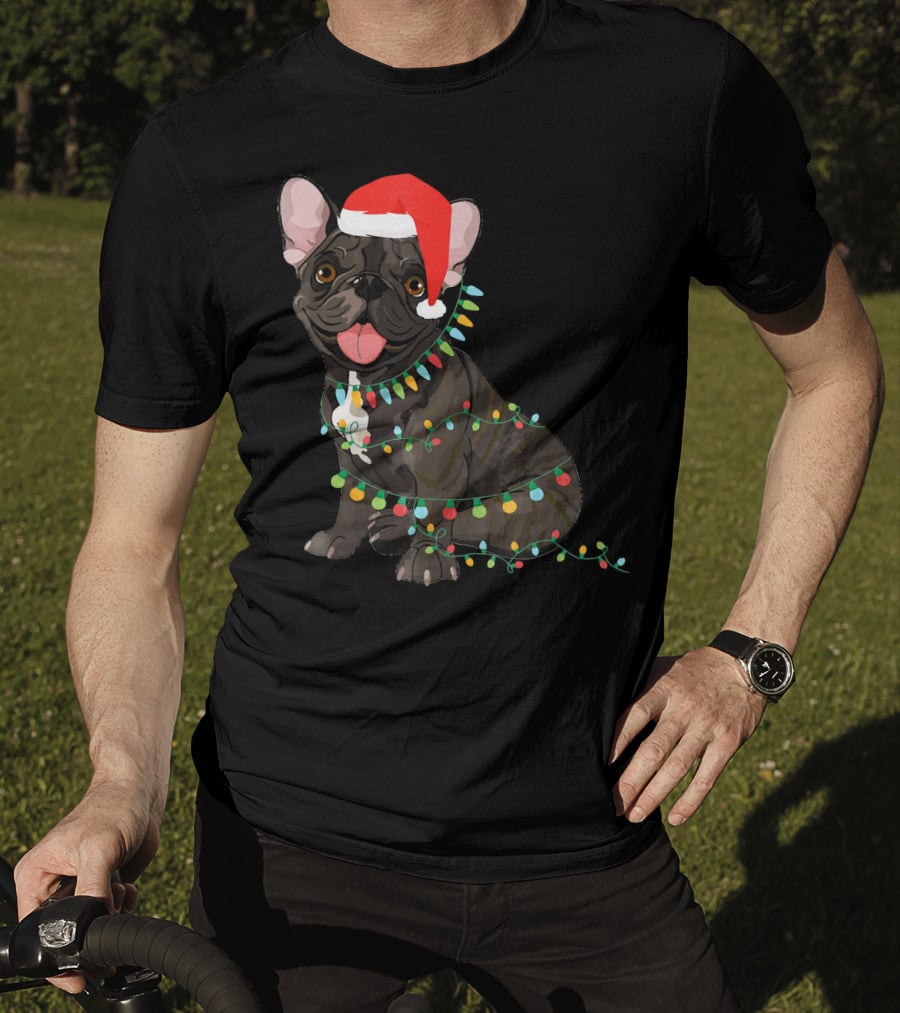 Santa French Bulldog Tangled In Christmas Lights T-Shirt
