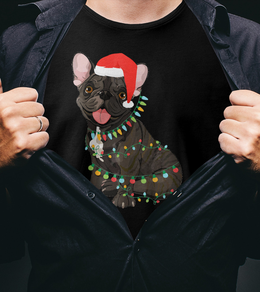 Santa French Bulldog Tangled In Christmas Lights T-Shirt